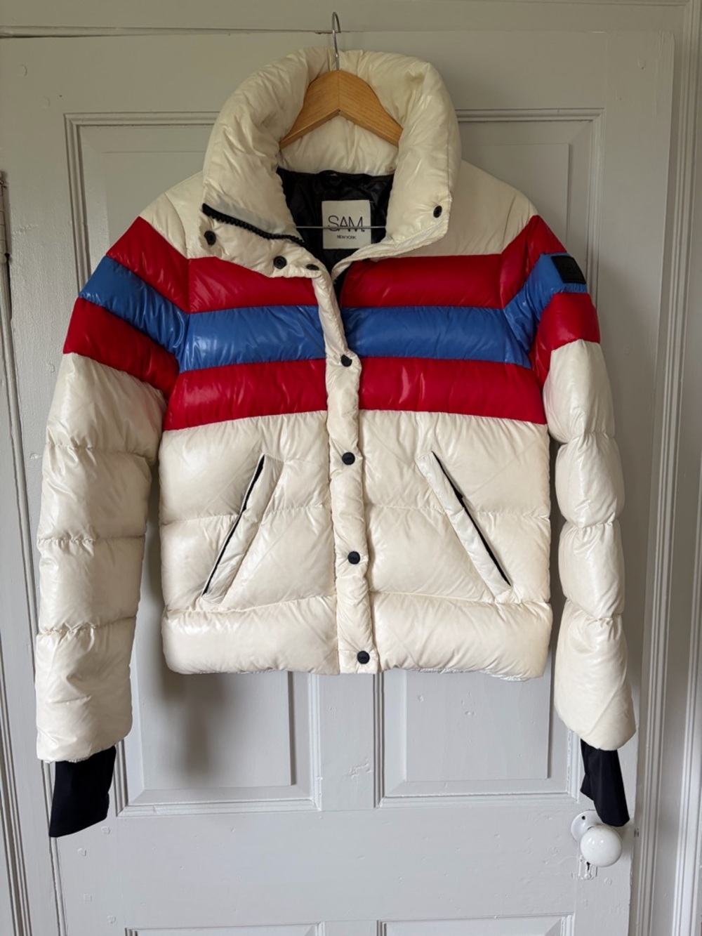 SAM. Cream Puffer Jacket with Red & Blue Stripes